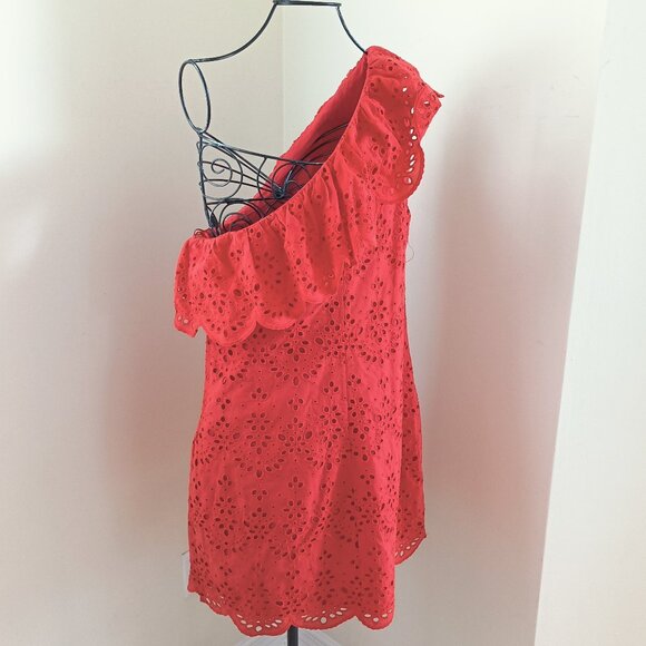 Cupcakes and Cashmere 100% Cotton Eyelet Dress One-shoulder Lined Side Zip M Red - Picture 8 of 17